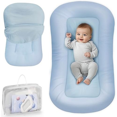 Baby Lounger - Baby Lounger for Newborn, 0-24 Months, Infant Lounger for Home and Travel, Soft Cotton, Baby Nest Lounger, Newborn Babies Essentials Gifts, ZumaBlue (Lounger Cover Included)