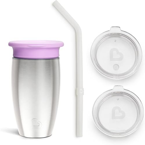 Munchkin Sippy Cup for Toddlers, Miracle 360 Stainless Steel with Straw Cup and Open Sipper Lid Grow with Me Kit, 10 Ounce, Purple