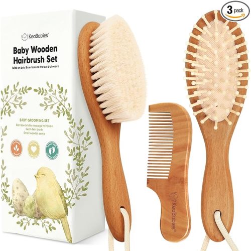 Baby Hair Brush Set for Newborns - Soft Goat Bristle Wooden Baby Brush and Comb Set Newborn Grooming Kit for Cradle Cap, Durable & Gentle, Boy, Girl Infant Essentials Care Kit (Oval, Golden Oak)
