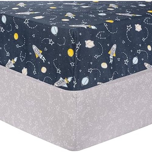 Sammy & Lou Rockets 2-Pack Microfiber Fitted Crib Sheet Set, Fits Standard Crib Mattress 28 in x 52 in; Fully Elasticized,
