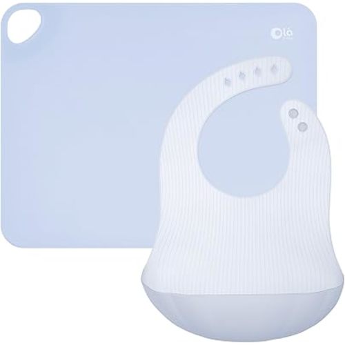 Olababy Fold N Go Silicone Placemat w Travel Case (Blueberry) + Olababy Fold N Go Silicone Baby Bib w Travel Case (Blueberry)