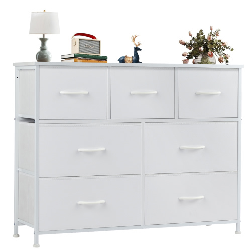 GIANNA 7 Drawer Dresser for Bedroom, Tall Chest Organizer with Fabric Bins, Steel Frame, White