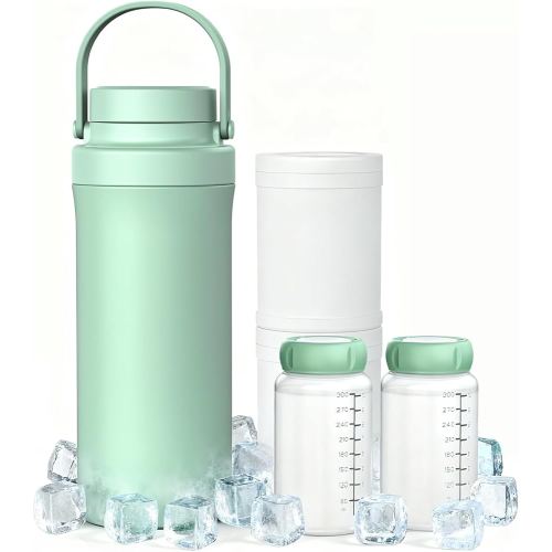 Portable Breast Milk Cooler, 360° Total Cooling for 24 Hours, 600ml Larger Capacity Travel Breastmilk Chiller with 2pcs Baby Bottles for Baby Feeding Essentials, BPA-Free, Green