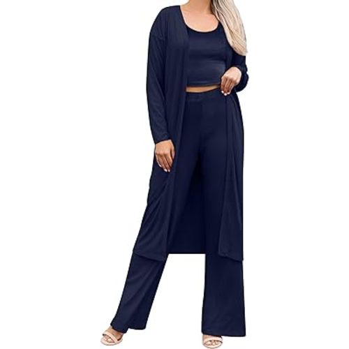 SWOMOG Women's 3 Piece Matching Set Ribbed Knit Lounge Sets Tank Cardigan and Pants Pajamas Loungewear Outfits with Pockets