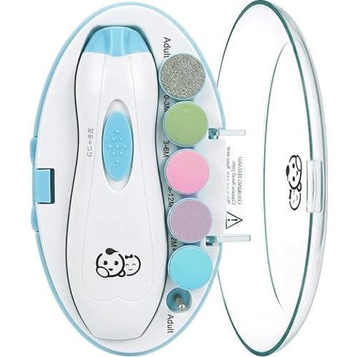 Royal Angels Upgraded 6 in 1 Baby Nail Trimmer with Labeled Case, 4 Colored Pads for Newborns to Toddlers, Whisper Quiet Electric Nail File with LED Light, Safe Manicure Set for Families (Babyblue)