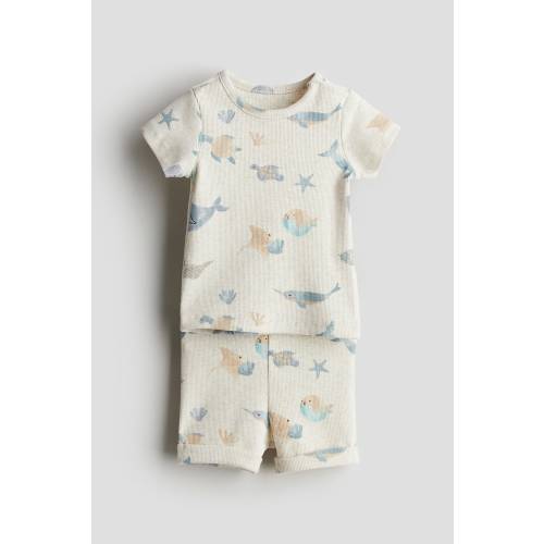 RIBBED COTTON SET: Light beige/marine life