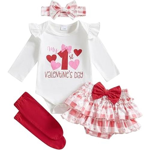 FYBITBO Newborn Baby Girl Christmas Outfits Cute Letter Romper Ruffle Plaid Skirt Dress Infant Christmas Outfit Clothes Set
