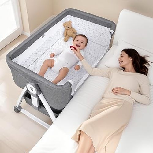 Bedside Bassinet for Baby, 3-in-1 Bedside Sleeper for Newborns, 6-Level Height Adjustable Bassinet with Breathable Mesh, Soft Mattress, Lockable Wheels & Large Storage Basket
