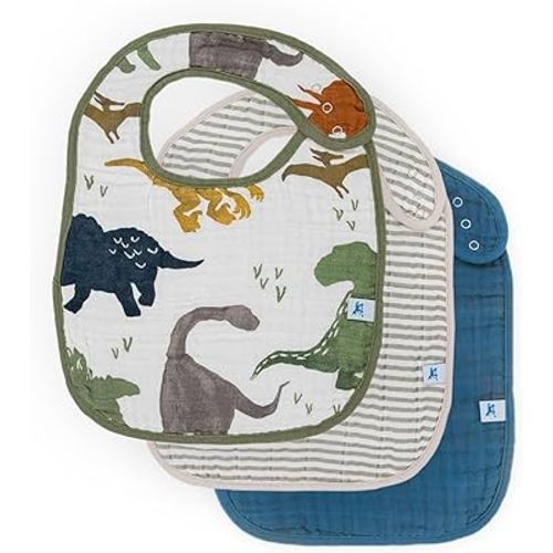 Little Unicorn Cotton Muslin Classic Bib 3 Pack– 100% Cotton – Machine Washable - Softer with Every Wash – Playful Designs - 3 Lightweight, Breathable Layers – for Boys and Girls (Dino Friends)