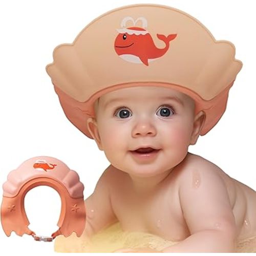 Baby Shower Cap Shield, Shower Cap for Kids, Visor Hat for Eye and Ear Protection for 0-9 Years Old Children,Cute whale shape Makes the Baby Bath More Fun (Orange)