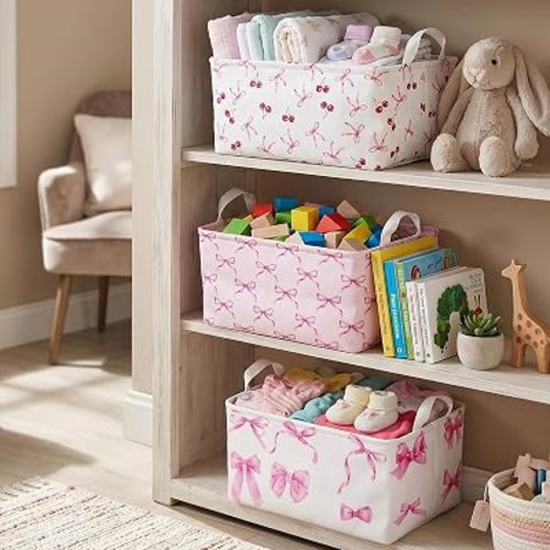 3 Pcs Pink Bow Storage Basket, Coquette Girls Rectangle Storage Bins Box with Handles, Bows and Chery Shelf Basket Ideal for Room Nursery Decor, Books, Organizing Clothes, Toys