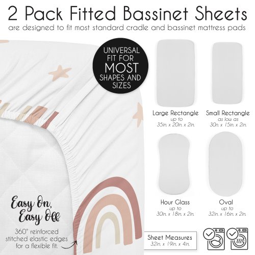 Sweet Jojo Designs Boho Rainbow Girl 2 Pack Baby Bassinet Fitted Sheets Pink Yellow Bohemian Modern Neutral Vintage Star Sun Sky