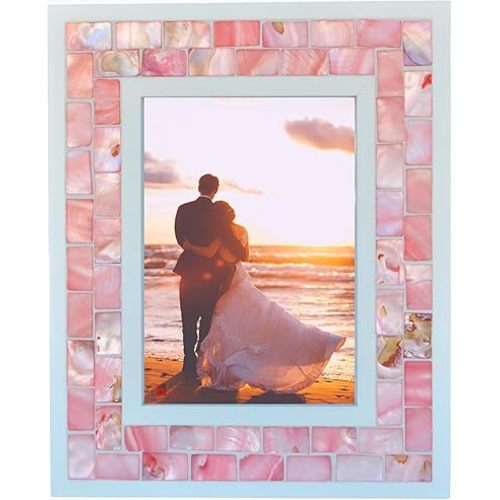 GIFTME 5 Wedding Picture Frame 5x7 Pink Mother of Pearl Mosaic Photo Frame Tabletop or Wall Hanging Picture Frame(5x7 inch, Pink,1pc)