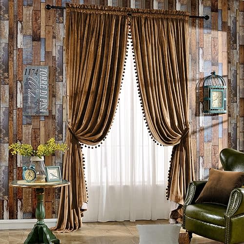 Melodieux Luxury Pom Poms Velvet Curtains for Bedroom Living Room, Vintage Room Darkening Rod Pocket Window Decorative Drapes, 52" W x 84" L, Golden Brown (2 Panels)