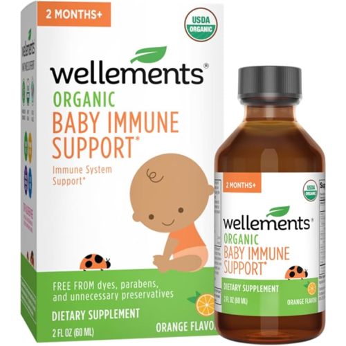 Wellements Organic Baby Immune Support Syrup, Vitamin C & Zinc for Babies & Toddlers 2 Months+, USDA Certified Organic, Free from Dyes, Parabens & Top 9 Most Common Allergens, Orange Flavor, 2 fl Oz - 2 Fl Oz (Pack of 1)
