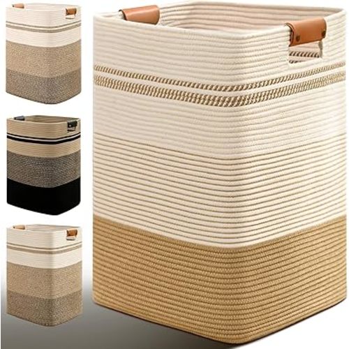 Laundry Hamper, 85L Tall Laundry Basket with Leather Handles, Rectangle Large Clothes Hamper for Organizing, Cotton Woven Laundry Baskets Storage Hampers for Bedroom, Nursery, Living Room