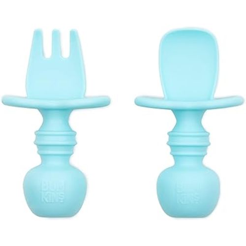 Bumkins Baby Utensils Set, Chewtensils Silicone Spoons for Dipping, Self-Feeding, Baby Led Weaning, Trainer Learning First Stage Eating, Soft Practice Fork and Spoon, Babies 6 Months, Blue