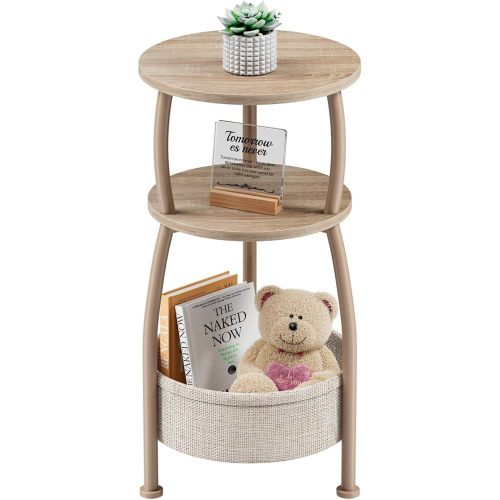 Yuede Small Side Table with Storage Basket, Light Oak