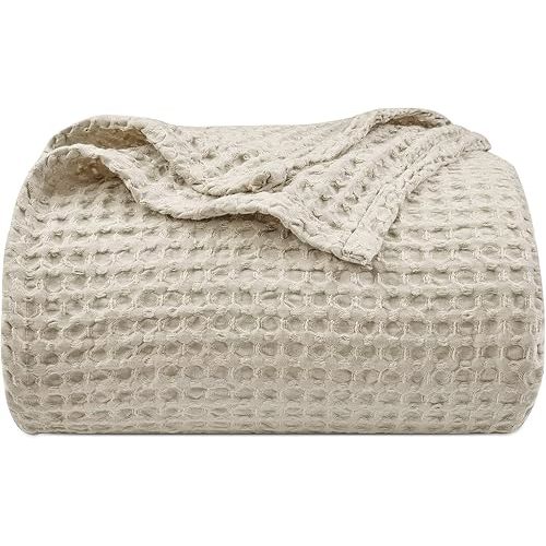 PHF Ultra Soft Waffle Weave Blanket King Size 104"x 90"- Washed Lightweight Breathable Cozy Woven Blanket for Bed - Aesthetic Decor for Couch Bedding Sofa Home Car - Light Khaki/Linen