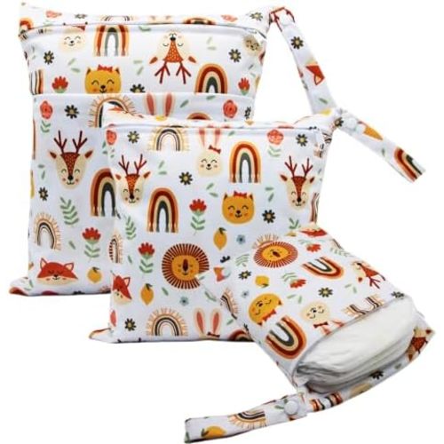 3pcs Cloth Diaper Wet Dry Bags Waterproof Reusable with Two Zippered Pockets Travel Beach Pool Daycare Soiled Baby Items Yoga Gym Bag for Swimsuits or Wet Clothes (rainbow fox)