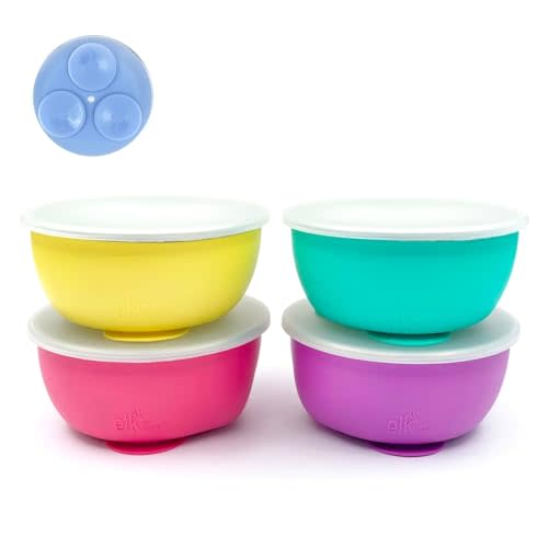 Elk and Friends Stainless Steel Bowls with Silicone Sleeve for Babies & Toddlers | Lids Included | Stay Put Suction | Cereal & Snack Bowls | 4 Pack
