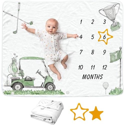 Golf Baby Monthly Blanket for Newborn Girls and Boys, Sport Newborn Month Blanket, Soft Flannel Photography Background Prop, Personalized Shower Gift, Golf