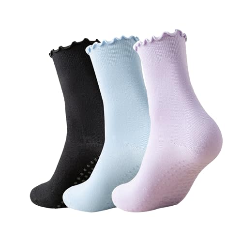 Ceoon 3 Pairs Pilates Socks with Grips Non-slip Ruffle Yoga Socks Grip Socks for Women