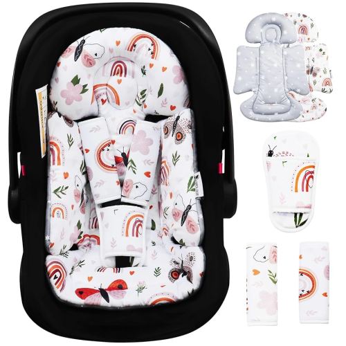 Infant Car Seat Insert, Enlarged Head Support for Baby Carseat, Reversible Newborn Insert with 3 Strap Covers, 2-in-1 Baby Car Seat Cushion for Stroller, Swing, Bouncer, Rocker - Brown Rainbow