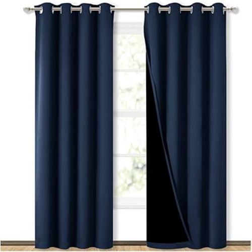 NICETOWN 100% Blackout Curtain Set, Thermal Insulated & Energy Efficiency Window Draperies for Guest Room, Full Shading Panels for Shift Worker and Light Sleepers, Navy Blue, 52W x 84L, 2 PCs