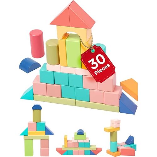 CHILDLIKE BEHAVIOR Wooden Building Blocks Set for Toddlers, 30 pcs - Multi Colored Wood Block Construction Toy for Boys and Girls - Build a City - Develop Hand-Eye Coordination - Large Wooden Blocks