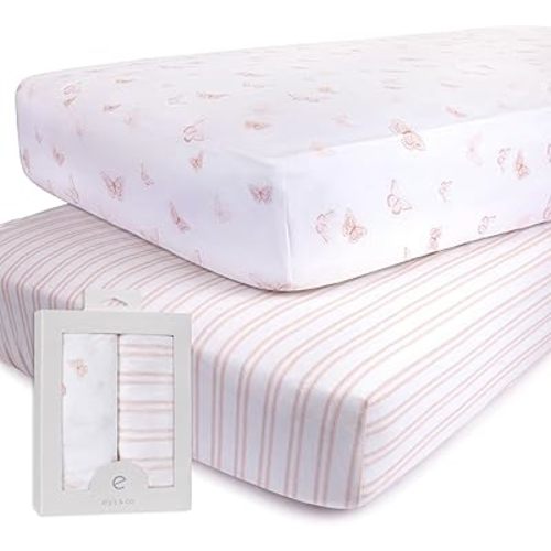 Ely’s & Co. Crib Sheets, Baby Girl Fitted Crib Mattress Sheet Set, 2 Pack, 100% Jersey Knit Cotton, Infant and Toddler Nursery Bedding, Pink Butterfly + Stripe Print, 28” x 52”