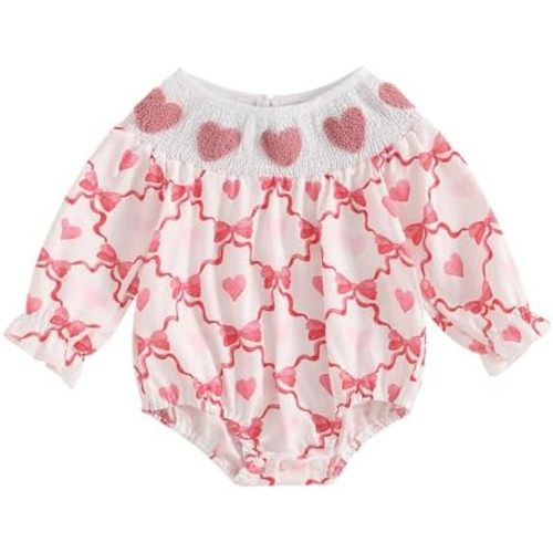 Baby Girls Valentine's Day Smocked Romper Embroidery Heart Long Sleeve Bodysuit with Bow Headband Infant Clothes