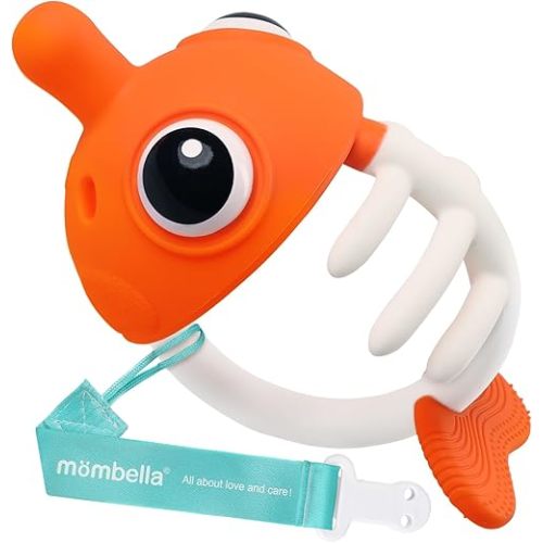 Mombella Clownfish Baby Teether Toys, Teething Toys for Babies 0 3 6 12 Months with Clip, Safe Soft Silicone Infant Teethers Toy 4-9 Months Old Soothing Sucking n Chew on Needs, Fun Gift for Newborn
