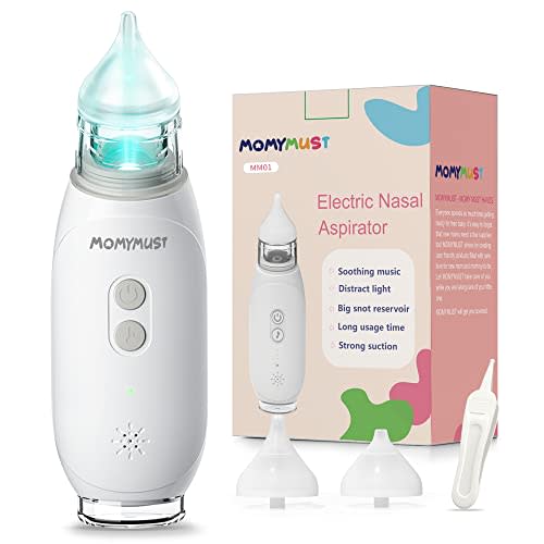 Electric Nasal Aspirator for Baby, MOMYMUST Nose Sucker for Baby, Baby Nose Cleaner, Rechargeable Booger Sucker with Self-Cleaning Function, Lullaby and Light Function, Three Levels Suction