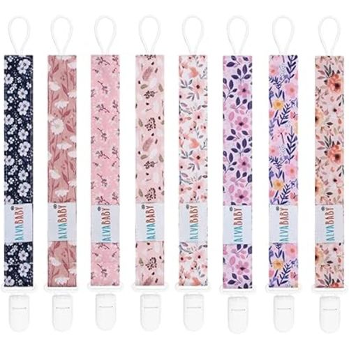 ALVABABY Pacifier Clips 8 Packs Binky Paci Clip Holder Leashes for Newborn Baby Boys Girls Fits Baby Teethers Toys Floral 8DP15