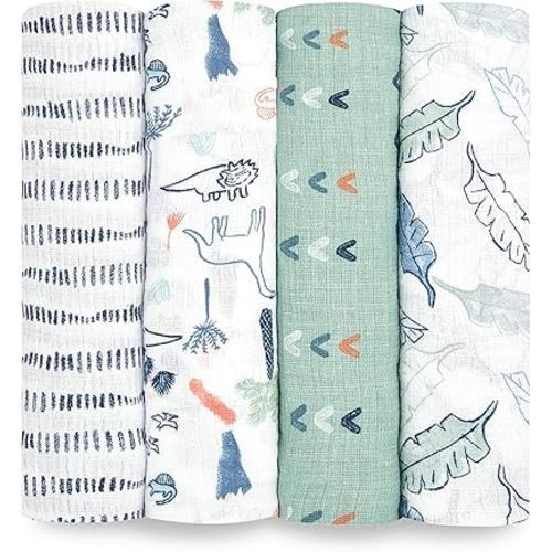 aden + anais Essentials Swaddle Blanket, Muslin Blankets for Girls & Boys, Baby Receiving Swaddles, Newborn Gifts, Infant Shower Items, Wearable Swaddling Set, 4 Pk, Dinotime