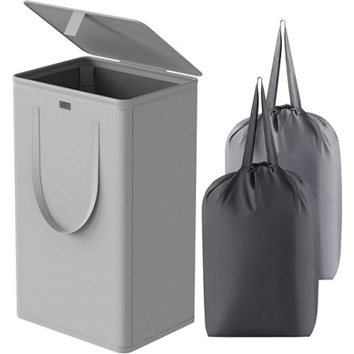 WOWLIVE 100L Laundry Hamper with Lid, Large Foldable Laundry Basket with 2 Removable Bags and Handles, Tall Collapsible Dirty Clothes Hamper for Laundry Room, Bathroom, Dorm (Grey)