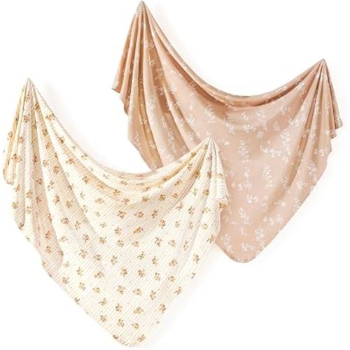 GRSSDER 2-Pack Ultra Soft Stretchy Jersey Knit Baby Swaddle Blankets, 33x44