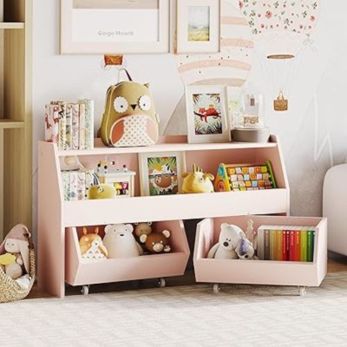 Toy Storage Organizer for Kids, Toy Storage Cabinet with Drawers, Boys and Girls Toy Shelf with Wheels, Toy Organizer Kids Bookshelf with Storage for Nursery, Playroom, Bedroom (White)