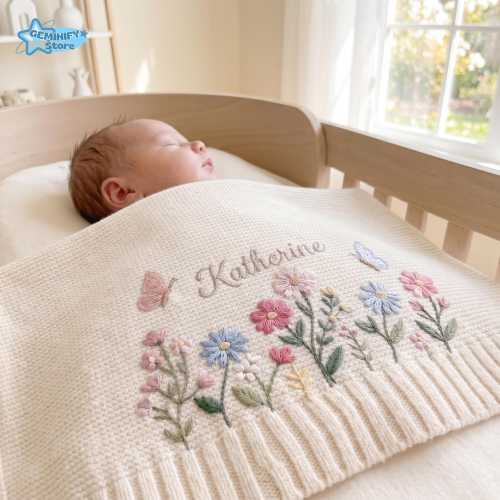 Embroidered Flower Cotton Blanket, Custom Name Baby Blanket, New Baby Gift, Baby Girl Birthday Keepsake, Floral Blanket, Baby Shower Gift