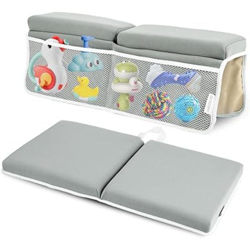 Bath Kneeler and Elbow Rest Pad, Thick Quick Dry Kneeling Pad, Elbow Support, Large Bathtub Kneeling Mat with Toy Organizer for Baby Bathing (Grey)