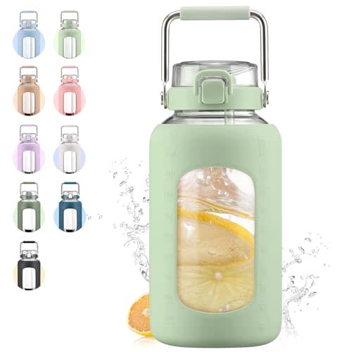 WINSA 84oz Glass Water Bottle with Stainless Steel Handle,2.5L Gallon Water Bottle with 2-IN-1 Straw Lid, Silicone Sleeve and Motivational Capacity Marker, Wide Mouth Water Jug For Gym, Workout, Green