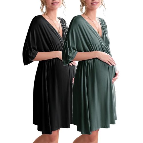 Ekouaer 3 in 1 Labor/Delivery/Hospital Gown 2 Pack Maternity Dress Nursing Nightgown Sleepwear
