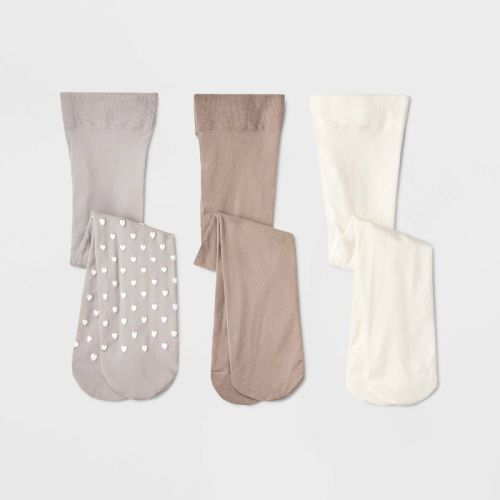 Baby Girls' 3pk 'Hearts' Tights - Cat & Jack™ Gray/Ivory/Taupe 0-6M: High Waisted, Knit, Opaque, Elastic Waistband