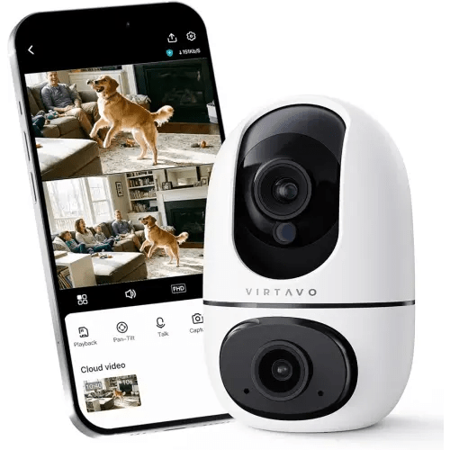 virtavo XD1 Indoor Security WiFi Camera, No Subscription Required, Dual-Lens 360° PTZ Baby Monitor & Pet Cam, Motion Tracking, 2-Way Audio, Night Vision, Cloud/SD Storage, Phone App, Plug-in Power