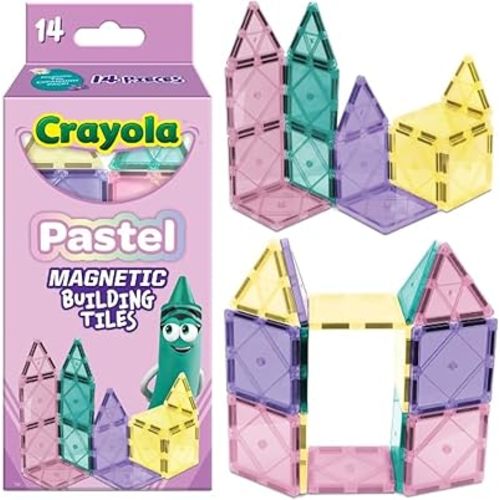 CreateOn Crayola Magnetic Tiles, Building Set for Kids, Magnetic Building Toys for Kids, STEM Travel Toys for Boys and Girls Ages 3+, 14-Piece Set (Pastel)