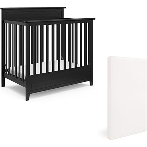 Storkcraft Petal 4-in-1 Convertible Mini Crib (Black) – GREENGUARD Gold Certified, Converts to Daybed and Twin-Size Bed, Includes Bonus 2.75-inch Mini Crib Mattress