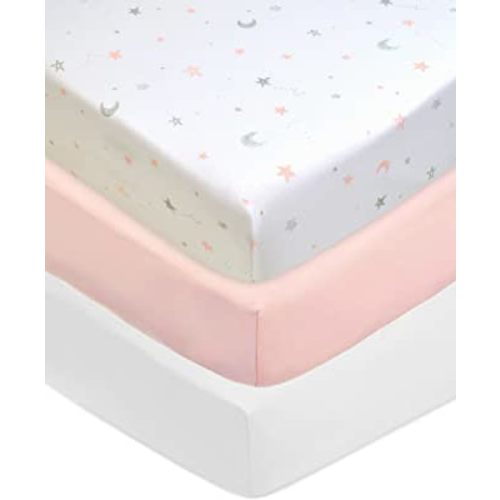 American Baby Company 3 Pack Fitted Crib Sheets 28" x 52", Soft Breathable Neutral 100% Cotton Jersey Sheet, Pink Stars/Blush/White, for Boys and Girls, Fits Crib and Toddler Bed mattresses