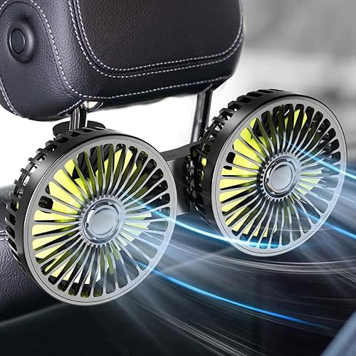 Dealswin Car Fan for Backseat Kids, Dual Head USB Car Seat Fan, 360° Rotatable Strong Wind Car Rear Headrest Fan for Baby, Air Circulation Fan with Adjustable Clip for Vehicles SUV RV