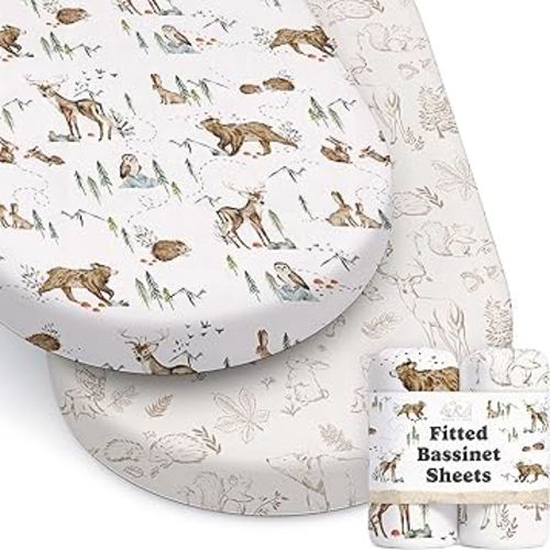Baby Bassinet Sheets for Boy, Girl (Magic Forest) 2-Pack - Fitted Bedside Bassinet Sheets - Buttery Soft Cotton Blend for Standard Mattress Pad - Compatible with Halo BassiNest